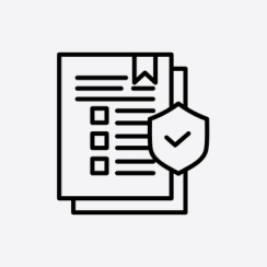 Decorative icon of a document with badges and check marks.